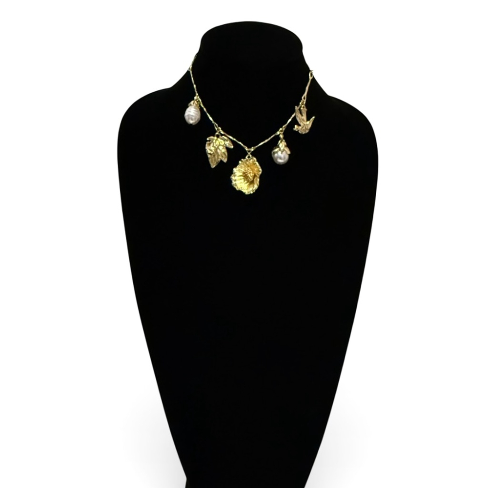 BOHO GOLD | Golden Flower & Pearl Charm Artisan Collar Necklace | NWT